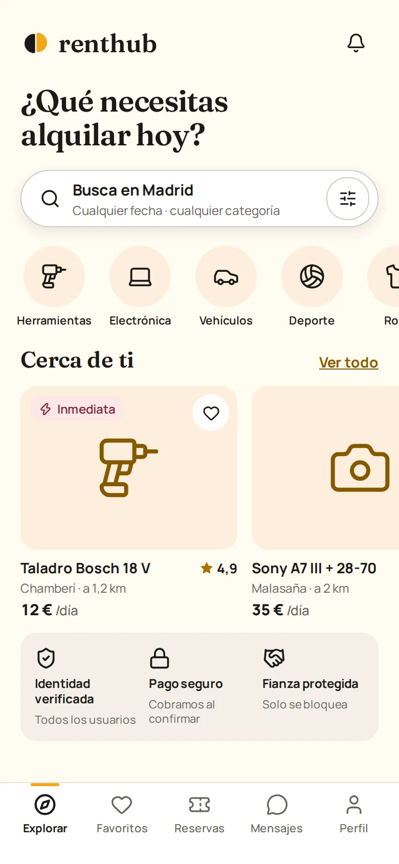 La pantalla de inicio de la app de renthub