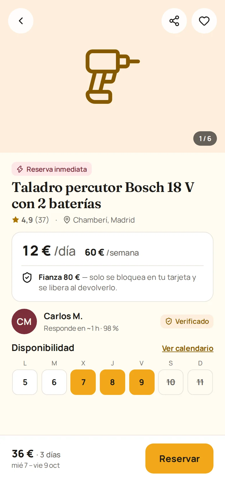 La app de renthub: ficha de un taladro en alquiler